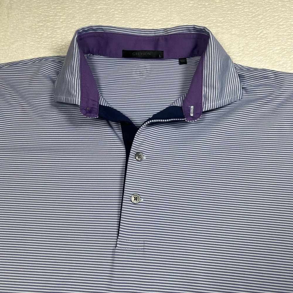 Greyson TPC Michigan Polo Shirt Striped Performance Golf Mens Large Purple White